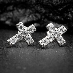 White Gold Plated Sterling Silver Iced Solitaire Cross Stud Screw Back Earrings
